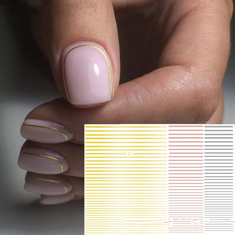 3D Flexible Metal Wave Stripe Nail Stickers – Multi-Size Chrome Line Tape, 5 Colors