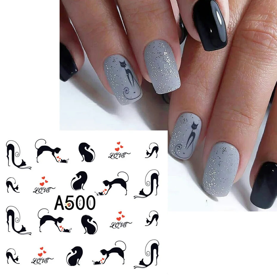 Full Beauty Black Cat & Heart Nail Water Stickers – Valentine's Cartoon Decals