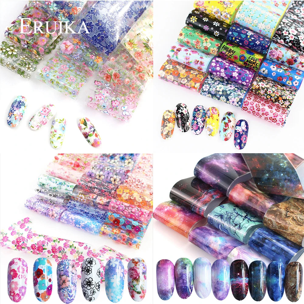 ERUIKA Multi-Style Nail Foil Stickers – Starry Sky, Flower & Leopard Transfer Decals