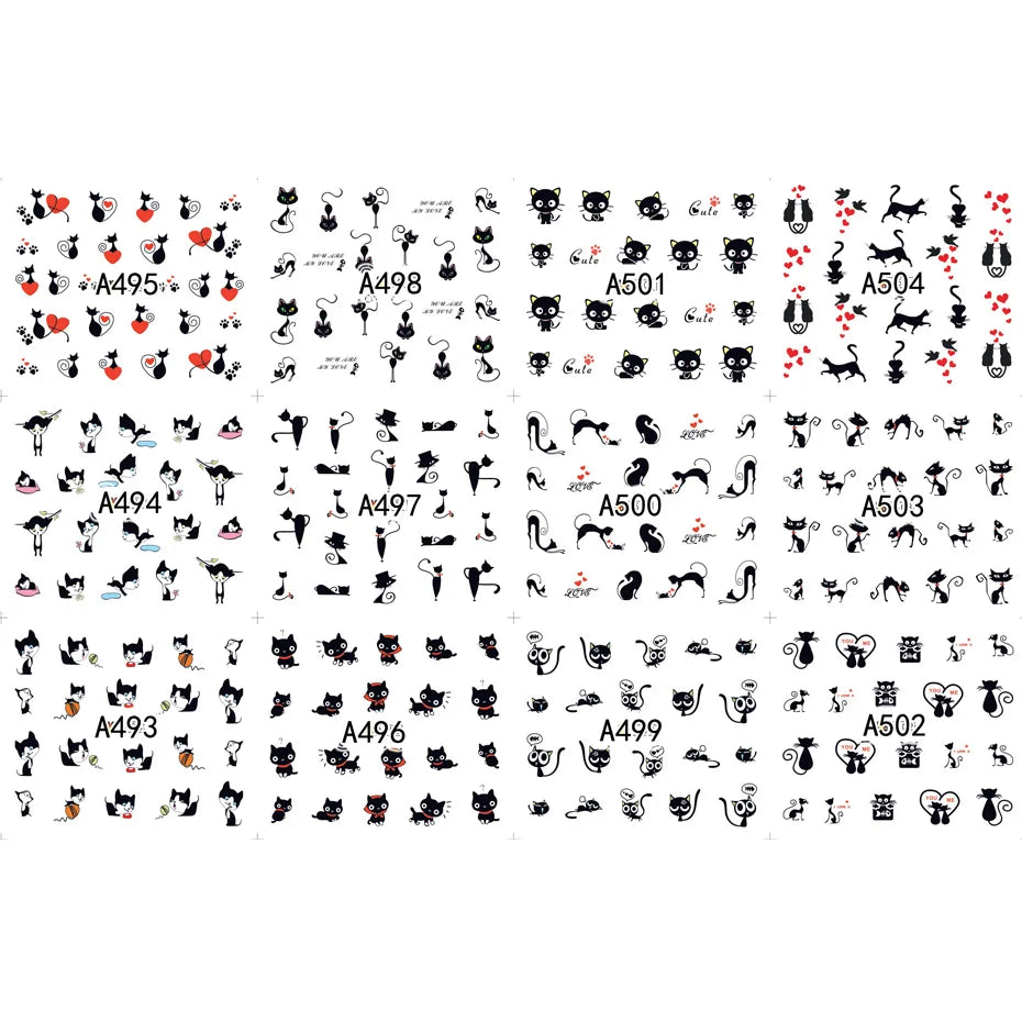 Full Beauty Black Cat & Heart Nail Water Stickers – Valentine's Cartoon Decals