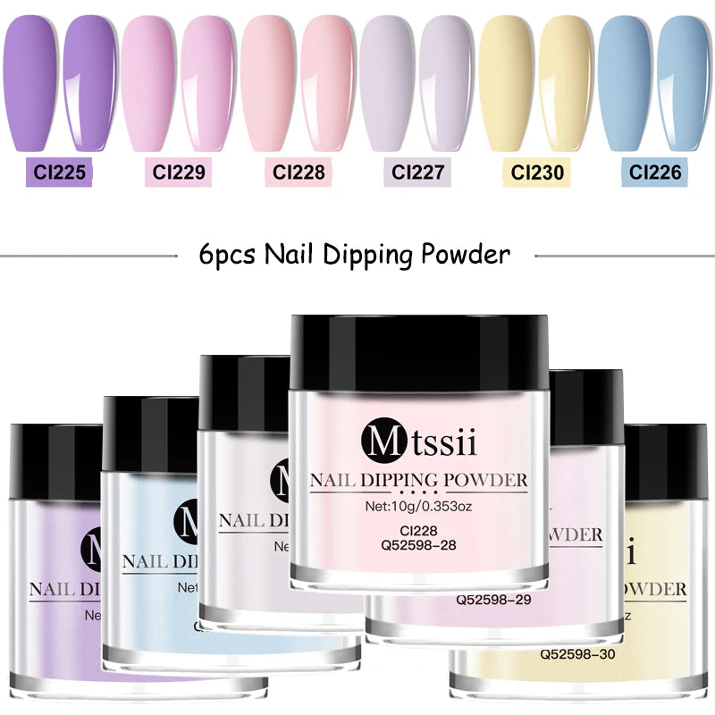 6pcs 10g Nail Dipping Powder Set Natural Dry No Lamp Cure Nail Art Decoration Nail Glitter Pigment Dust Powder Nail Supplies DIY