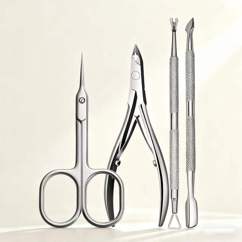 Stainless Steel Cuticle Cutter Set – Scissor Nippers & Double-End Pusher, 4 Pieces