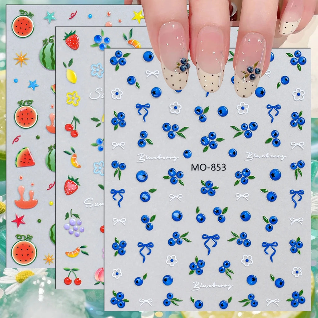 5D Fruit Nail Stickers – Blueberry, Strawberry & Watermelon Summer Decals