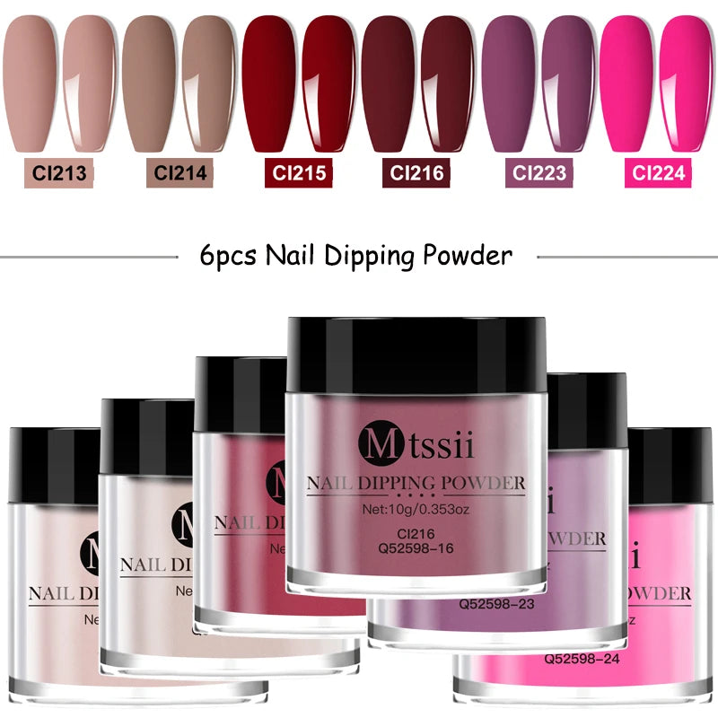 6pcs 10g Nail Dipping Powder Set Natural Dry No Lamp Cure Nail Art Decoration Nail Glitter Pigment Dust Powder Nail Supplies DIY