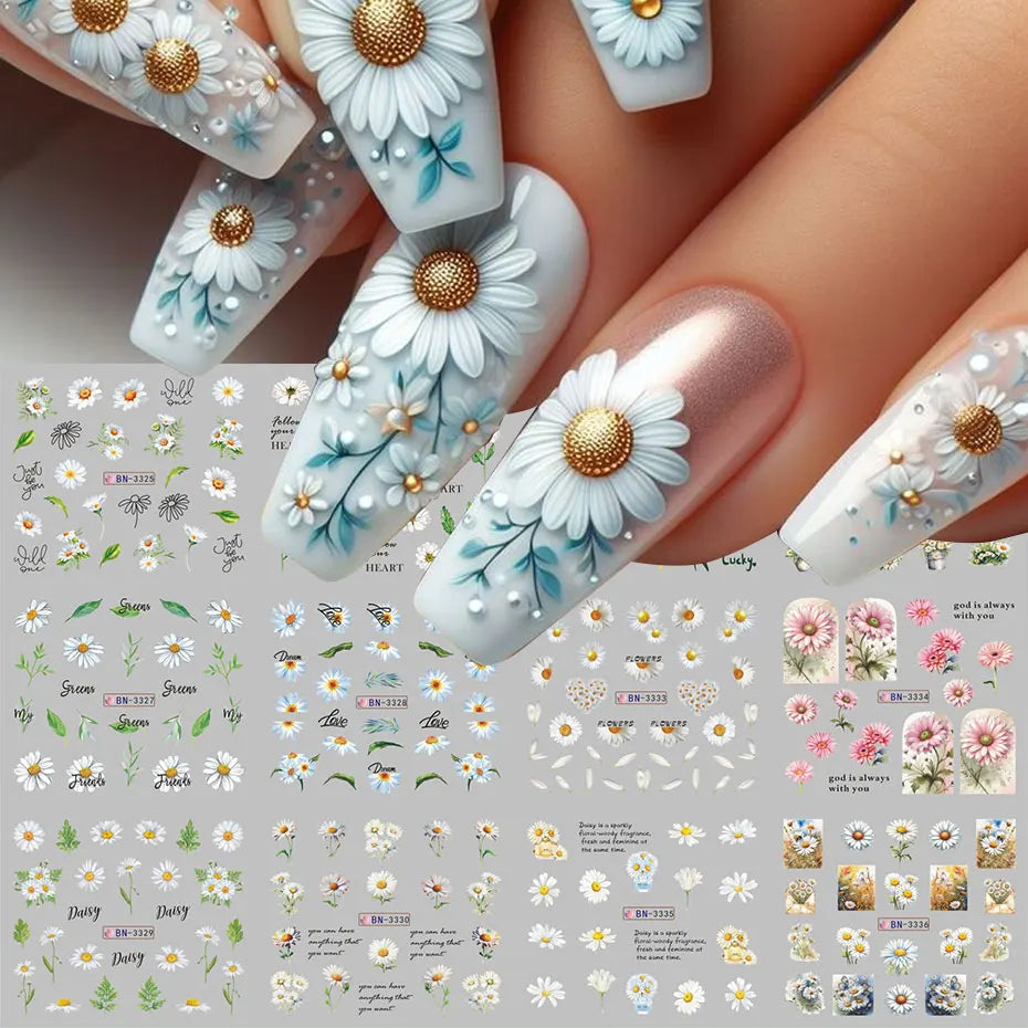 12-Style Daisy Flower Nail Water Sticker Set – Cute Summer Floral Decals