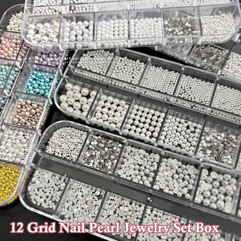 12-Grid Round Pearl Nail Charms – Caviar Bead & Pearl Gem Decor Set