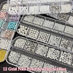 12-Grid Round Pearl Nail Charms – Caviar Bead & Pearl Gem Decor Set