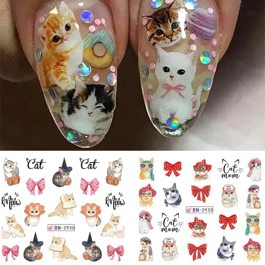 Full Beauty Cute Cat Nail Water Stickers – Kawaii Watercolor Cartoon Decals, 12pcs