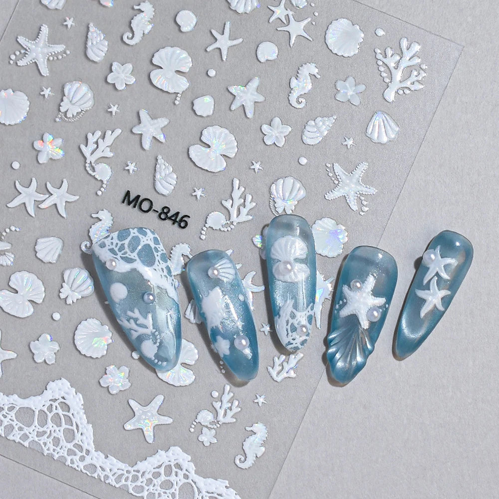 Holographic 3D Ocean Nail Art Stickers – Shell & Starfish Seaside Decals, 3 Sheets