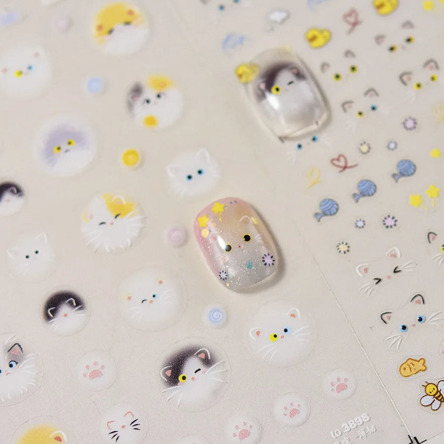 NAILFYOU 5D Kawaii Pompom Cat Nail Stickers – Japanese Floral Decals
