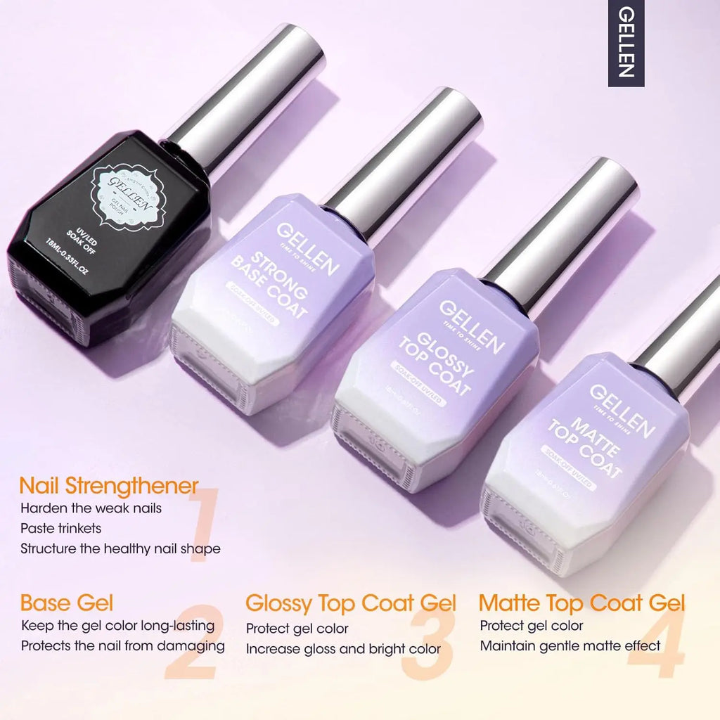 GELLEN 4-Piece Gel Manicure Set – Base, Top Coat & Strengthener Kit