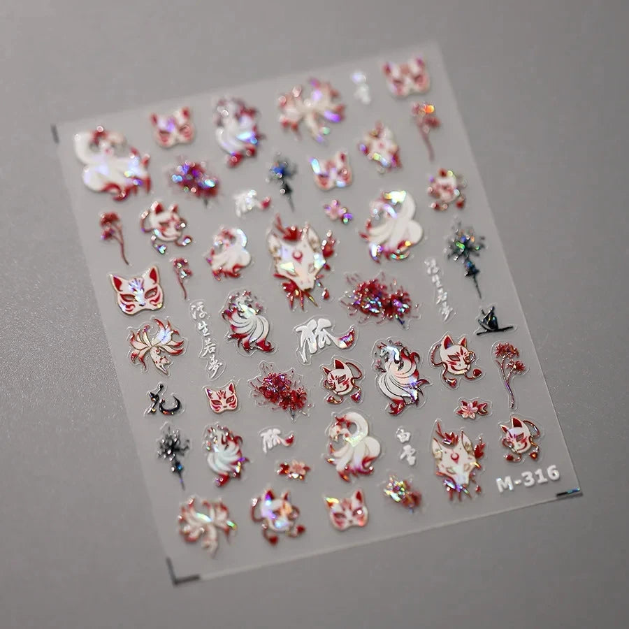 Rhstoe Nine-Tailed Fox 5D Nail Stickers – Chinese Style Fox Mask & Flower Decals