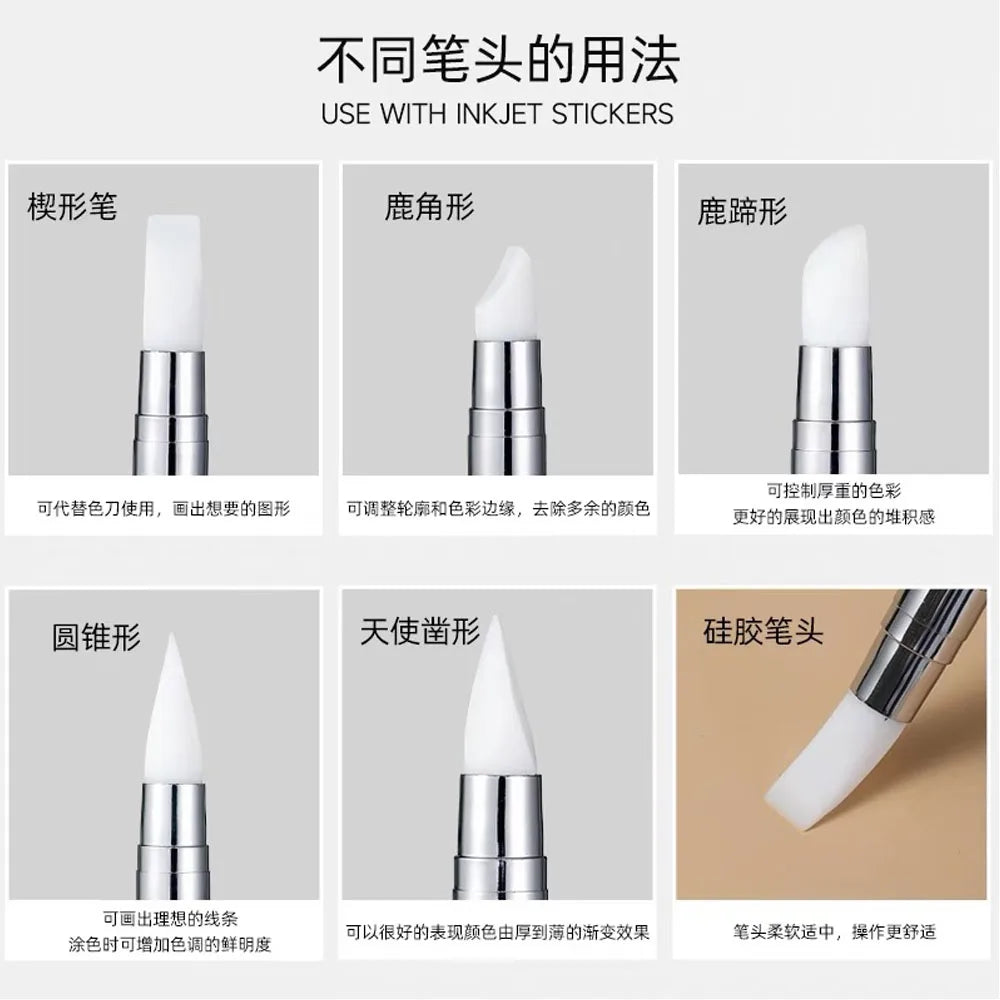 Dual-Ended Silicone Nail Sculpting Pen Set – 3D Flower Carving & Mirror Powder Tools, 5 Pieces