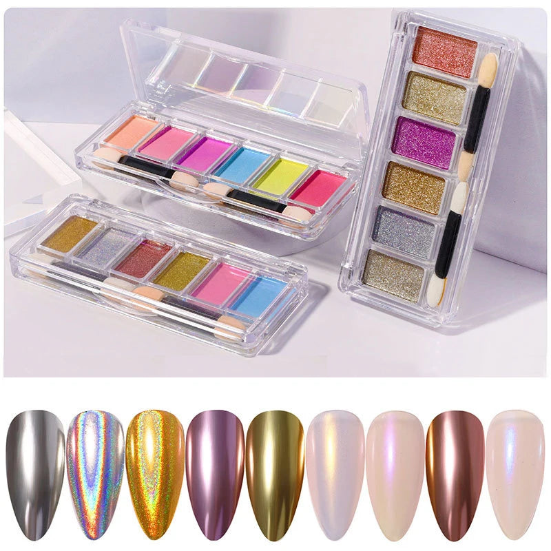CHUNSHU 6-Color Metallic Chrome Nail Powder – Mirror Gold, Silver & Aurora