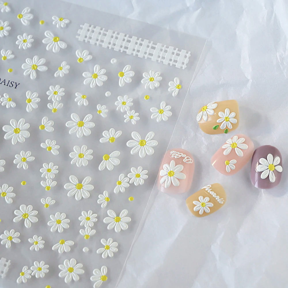 5D White Daisy Nail Art Stickers – Embossed Floret & Leaf Decals