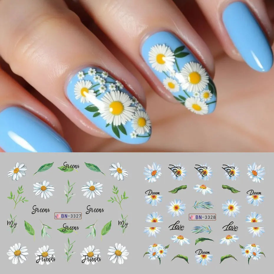 12-Style Daisy Flower Nail Water Sticker Set – Cute Summer Floral Decals