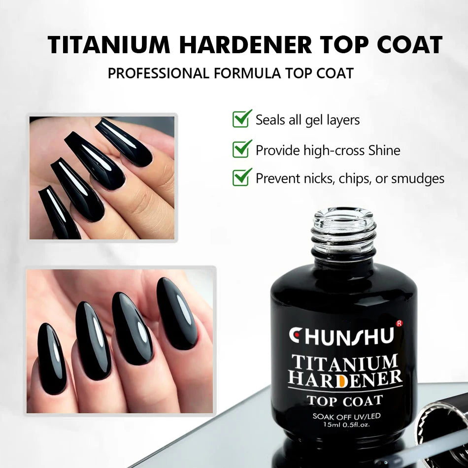 CHUNSHU Titanium Hardener Top Coat – No-Wipe Reinforcing Gel, Super Shiny