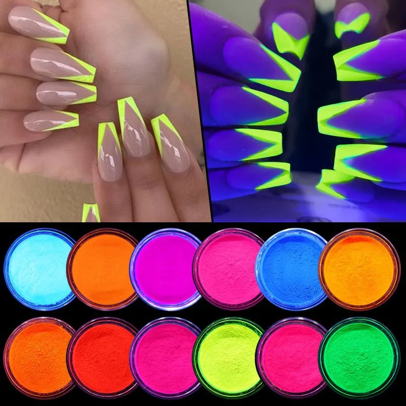 12 Color Neon Pigment Powder Fluorescent Nail Glitter Shinny Ombre Chrome Dust DIY Polish Manicure For Nails Art Decoration Kit