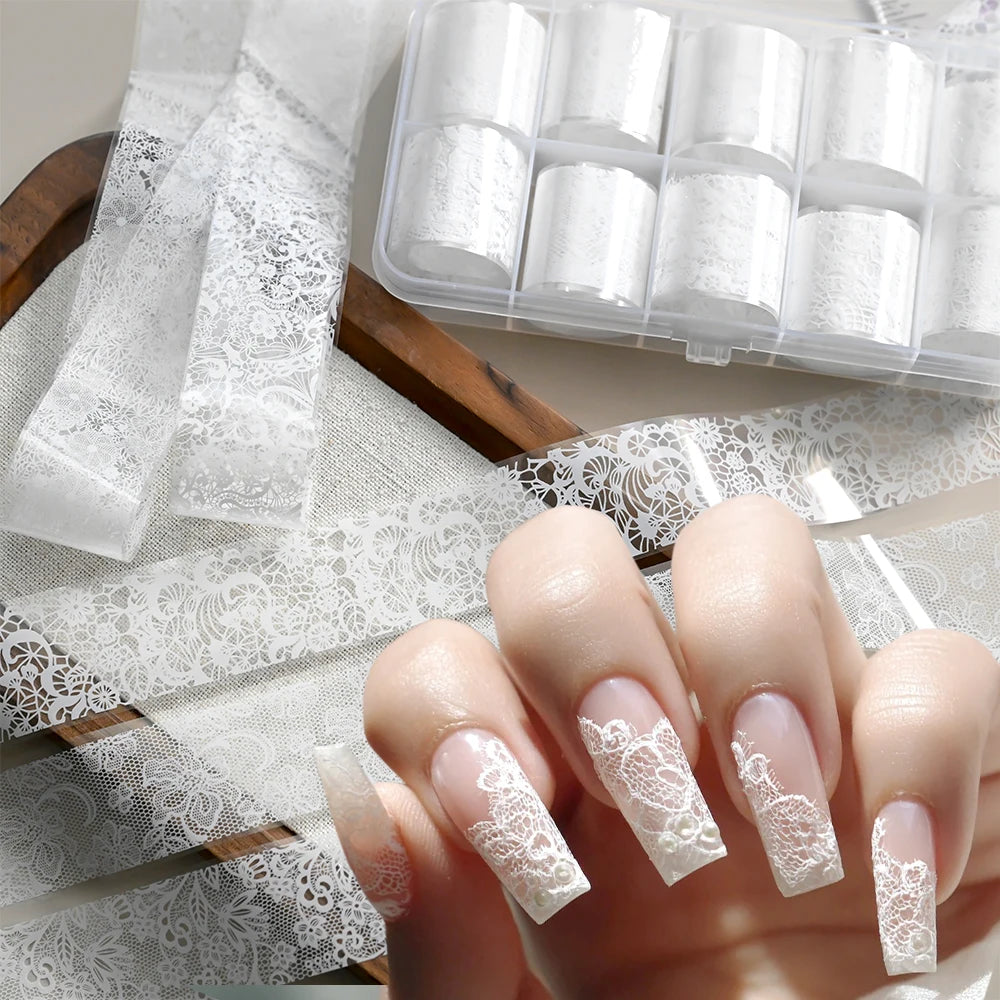 MAFANAILS Black & White Lace Nail Transfer Foils – Sexy Lace Flower Sticker Set, 10 Rolls