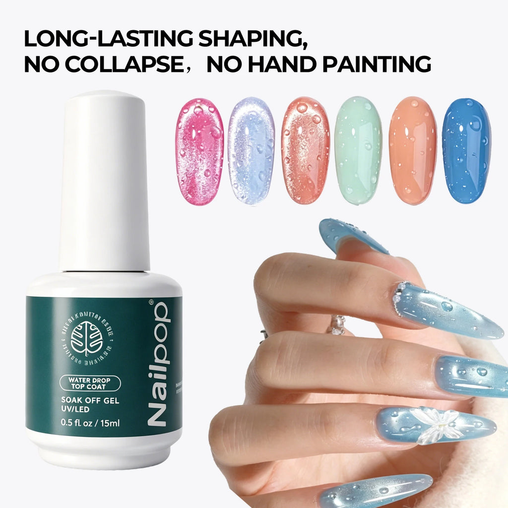 Nailpop 3D Water Droplet Top Coat – No-Wipe Gel, 5s Quick Forming
