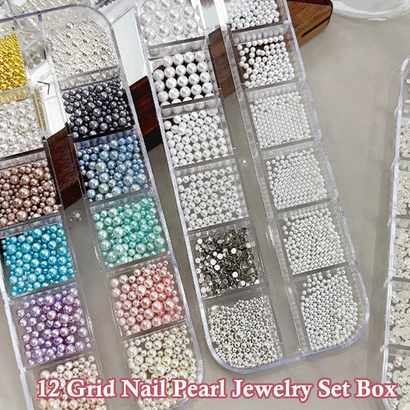 12-Grid Round Pearl Nail Charms – Caviar Bead & Pearl Gem Decor Set