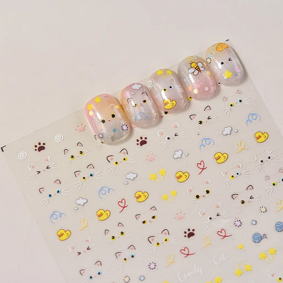 NAILFYOU 5D Kawaii Pompom Cat Nail Stickers – Japanese Floral Decals