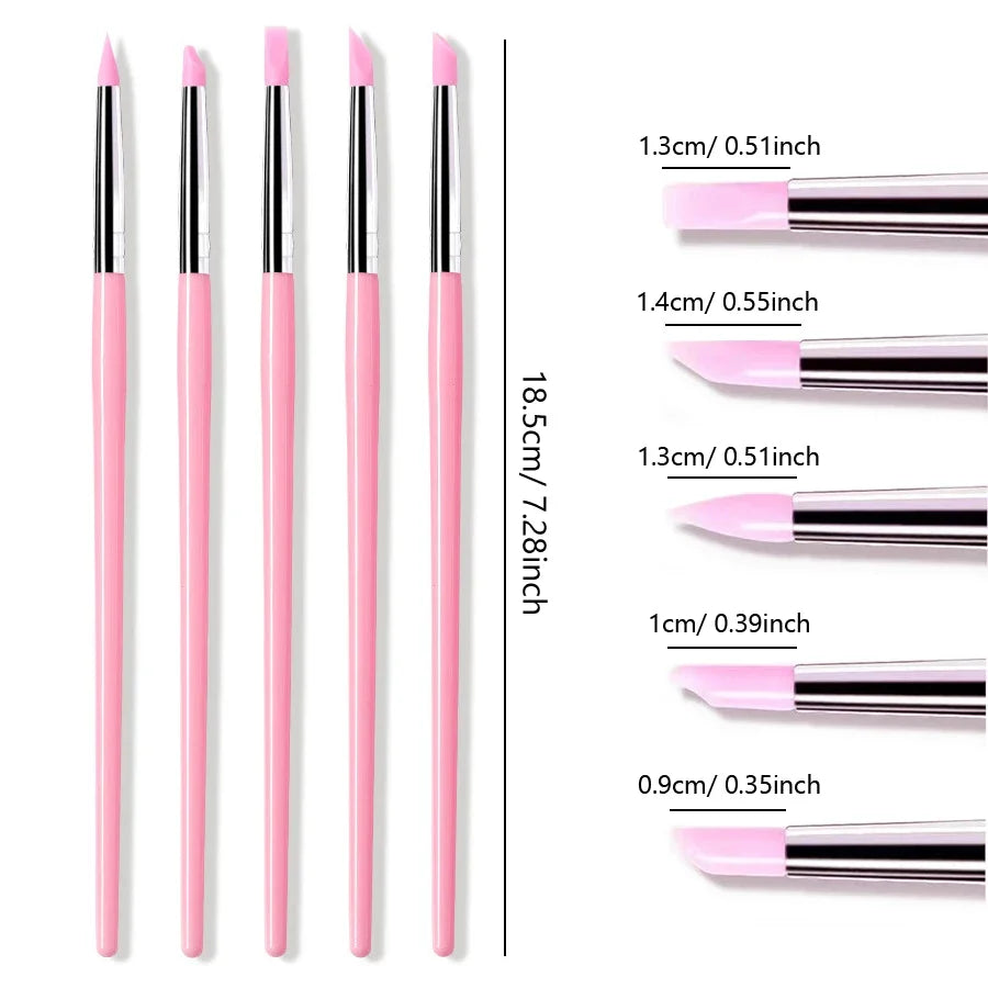 Pink Silicone Nail Carving Brush Set – Emboss &amp; Sculpture Shaping Pens, 5 Pieces