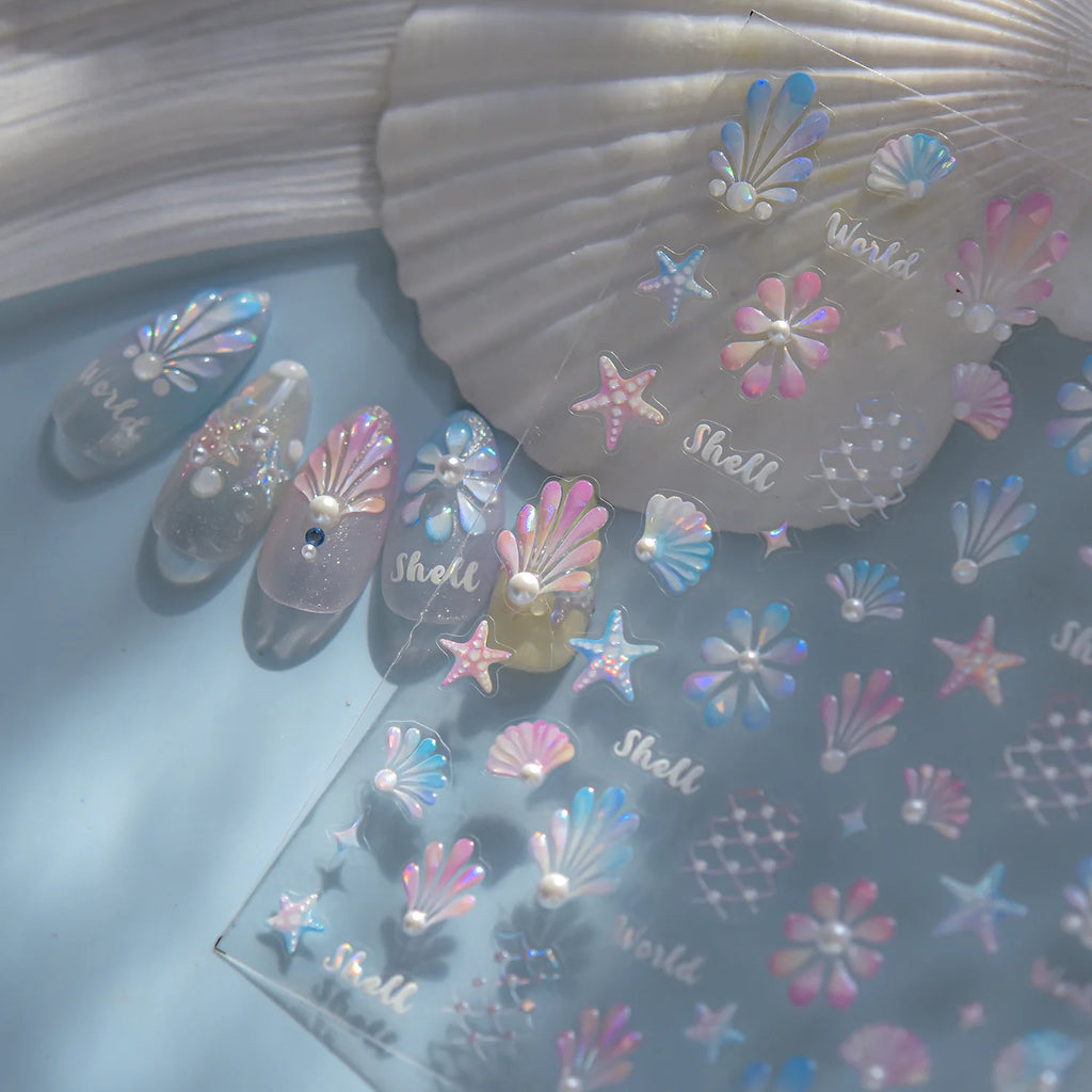 5D Summer Beach Nail Stickers – Shell & Crystal Diamond Ocean Decals