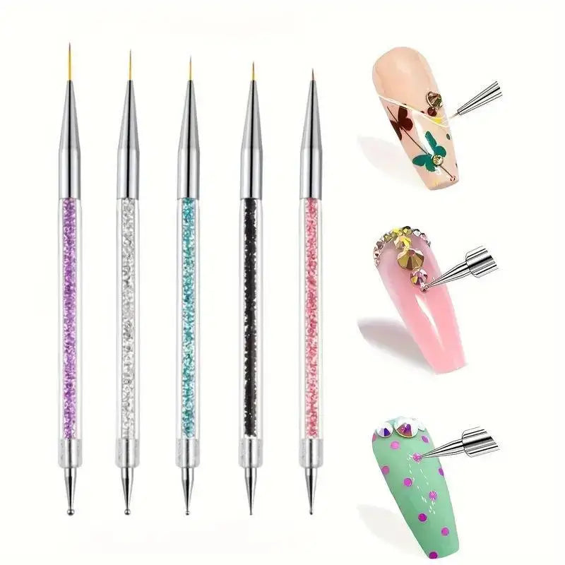 Lightweight Nail Art Dotting Pen Set – Rhinestone Handle Liner & Dotter, 5 Pieces