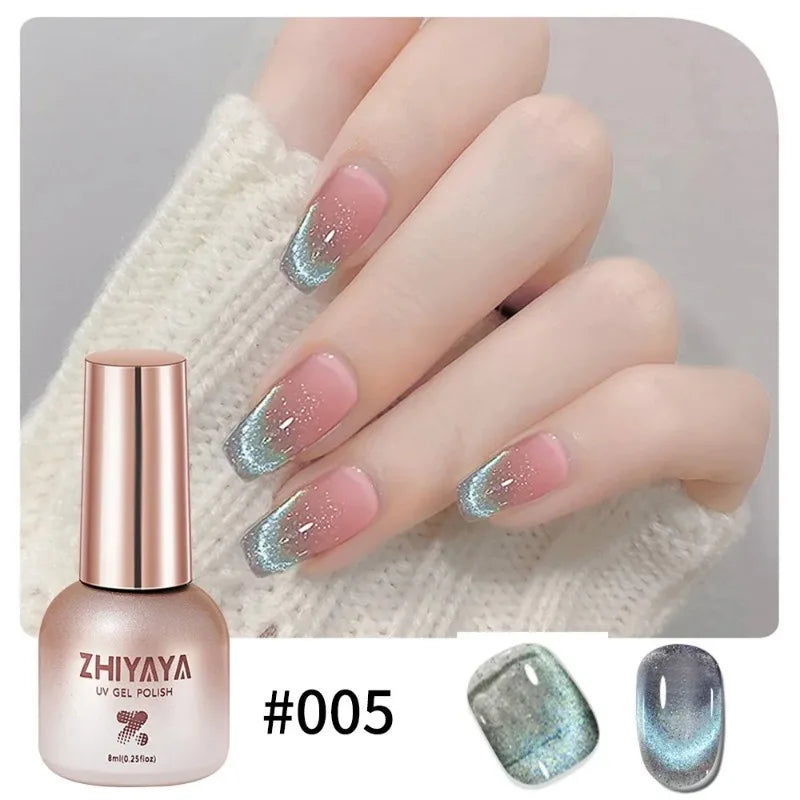 8ml Reflective Magnetic Gel Nail Polish Rainbow Effect Soak Off Gel Semi Permanent Glitter Dynamic Cat Eyes Nail Art UV Gel