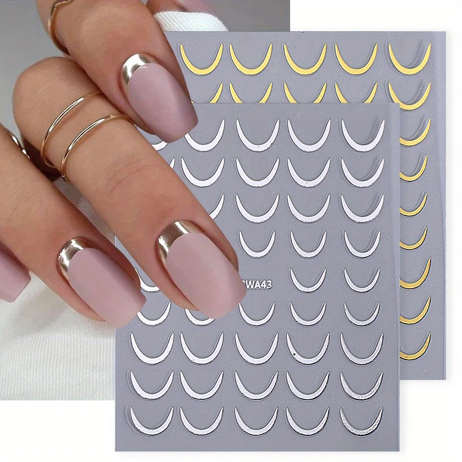 Gold & Silver French Curve Stripe Nail Stickers – Simple Swirl Line Tape