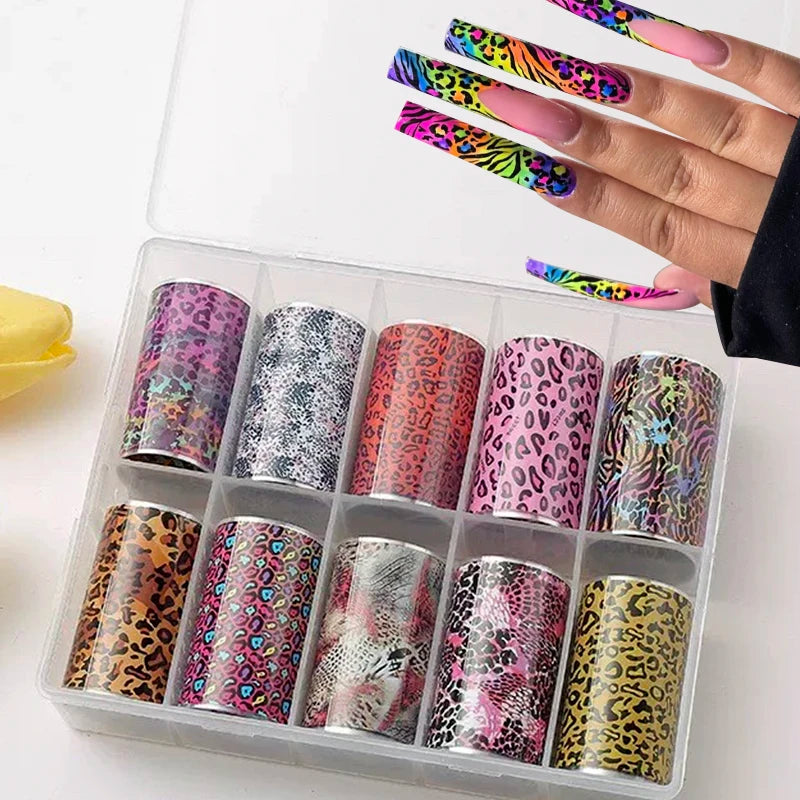Leopard Print Nail Transfer Paper Set – Animal Pattern Foil Decals, 10 Rolls