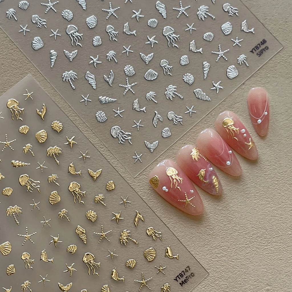 5D Hot Stamping Ocean Nail Stickers – Jellyfish, Shell & Starfish Tropical Decals