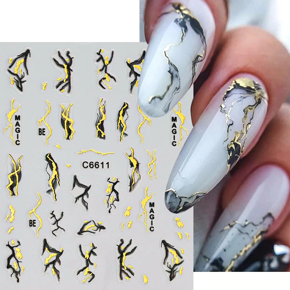 MingLee Golden Blue Marble Nail Stickers – Ocean Wave & Smoke Ink Decals, 12 Sheets