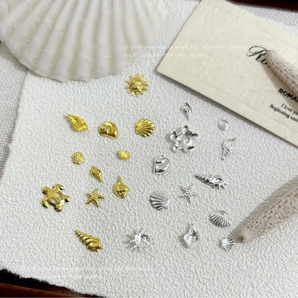Ocean-Themed Nail Charms – 3D Metal Starfish & Seashell Rhinestones