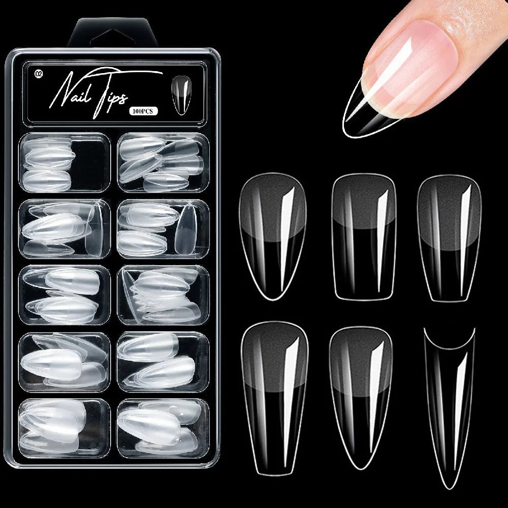 Coffin Press-On Nail Tips – Clear Full Cover Long Ballerina, 100 Pieces