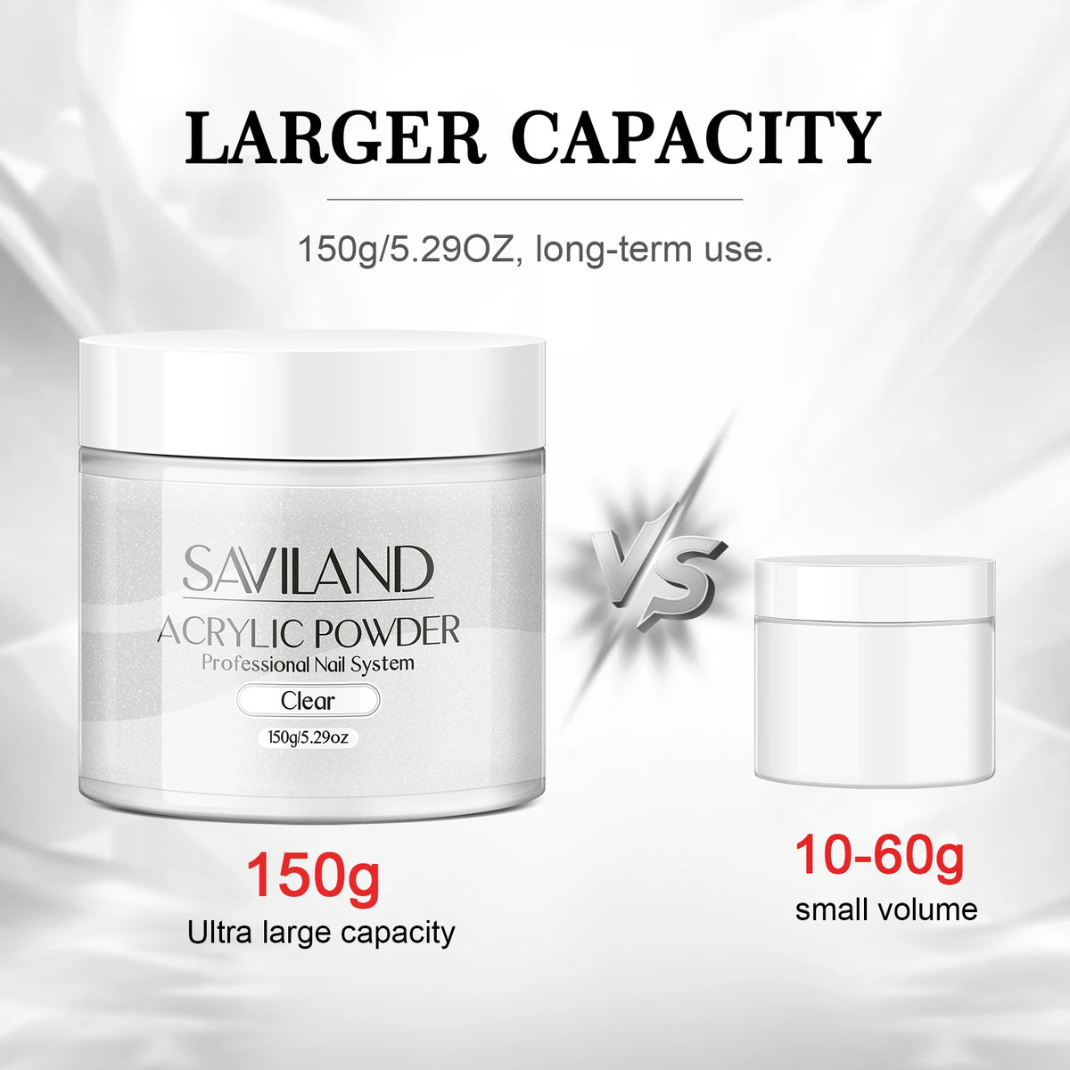 Saviland Large Capacity Acrylic Powder – Clear, White, Pink & Nude, 5.29oz