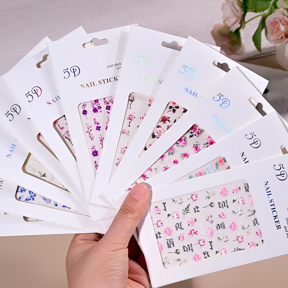 MingLee 5D Embossed Sakura Flower Nail Stickers – Lavender, Rose & Leaf Decals