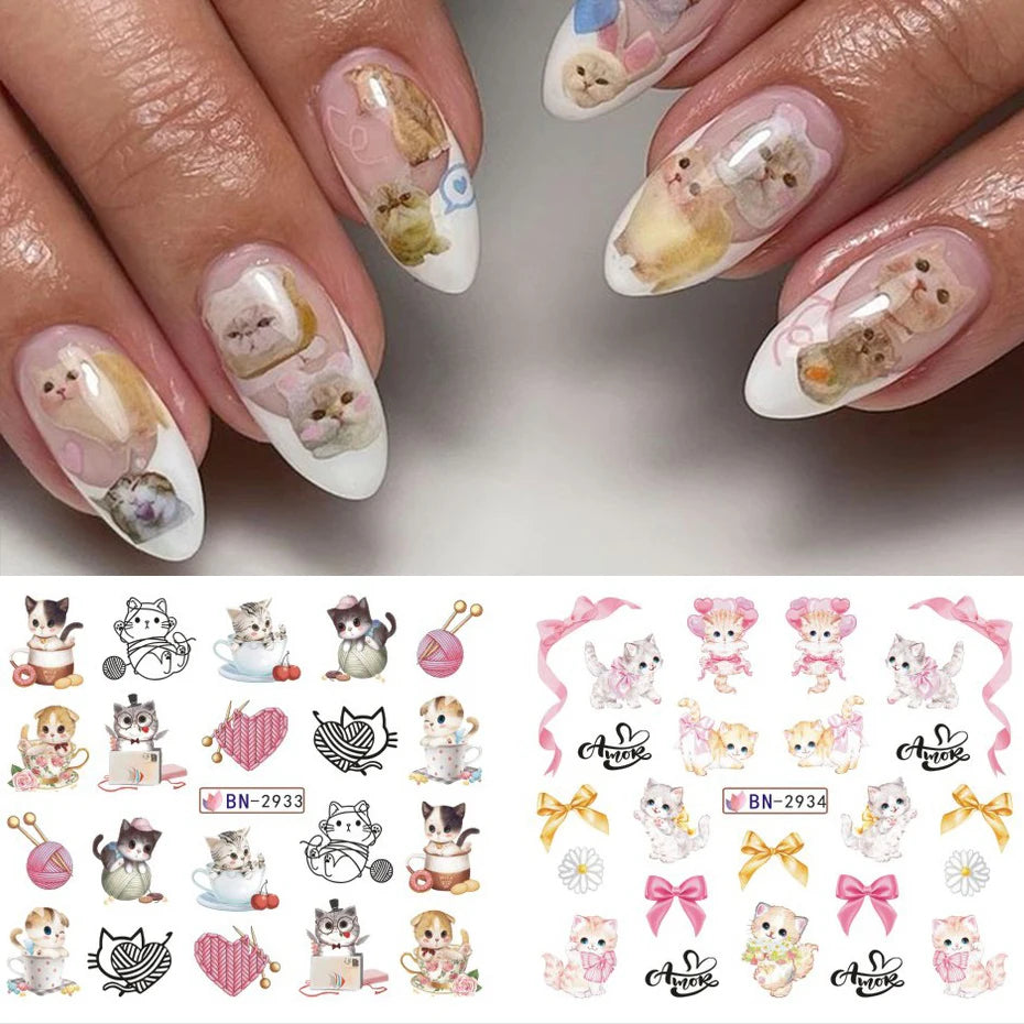 Full Beauty Cute Cat Nail Water Stickers – Kawaii Watercolor Cartoon Decals, 12pcs