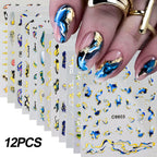 MingLee Golden Blue Marble Nail Stickers – Ocean Wave & Smoke Ink Decals, 12 Sheets