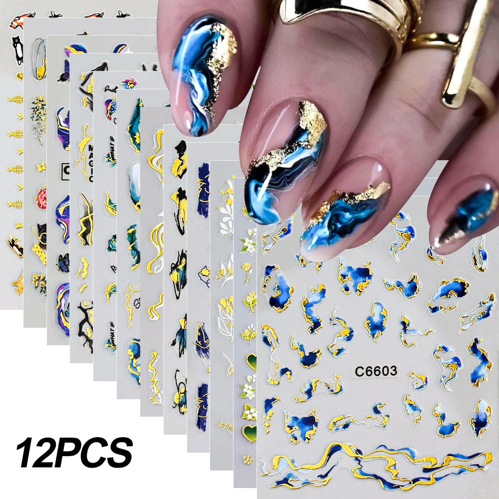 MingLee Golden Blue Marble Nail Stickers – Ocean Wave & Smoke Ink Decals, 12 Sheets