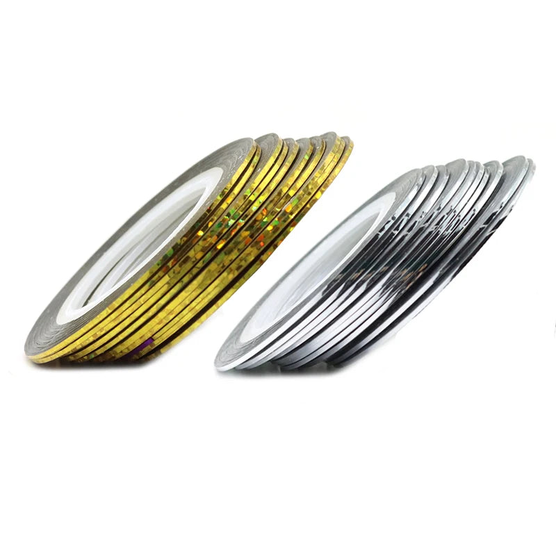 Self-Adhesive Nail Striping Tape – Metallic Gold & Silver Line Decals, 10/20/30 Rolls