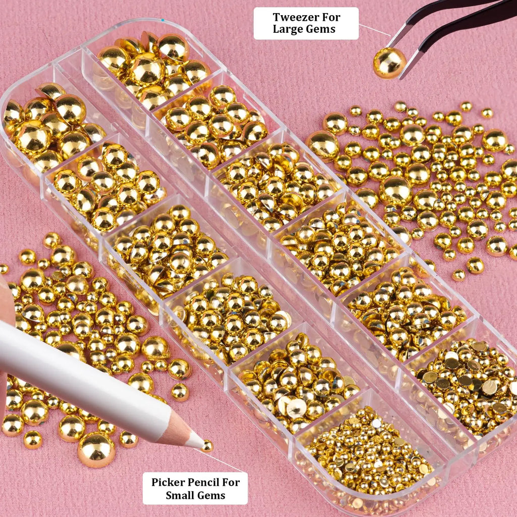 HotPress Gold Half Round Pearl Nail Accessories – 6-Size Metal Caviar Bead Set