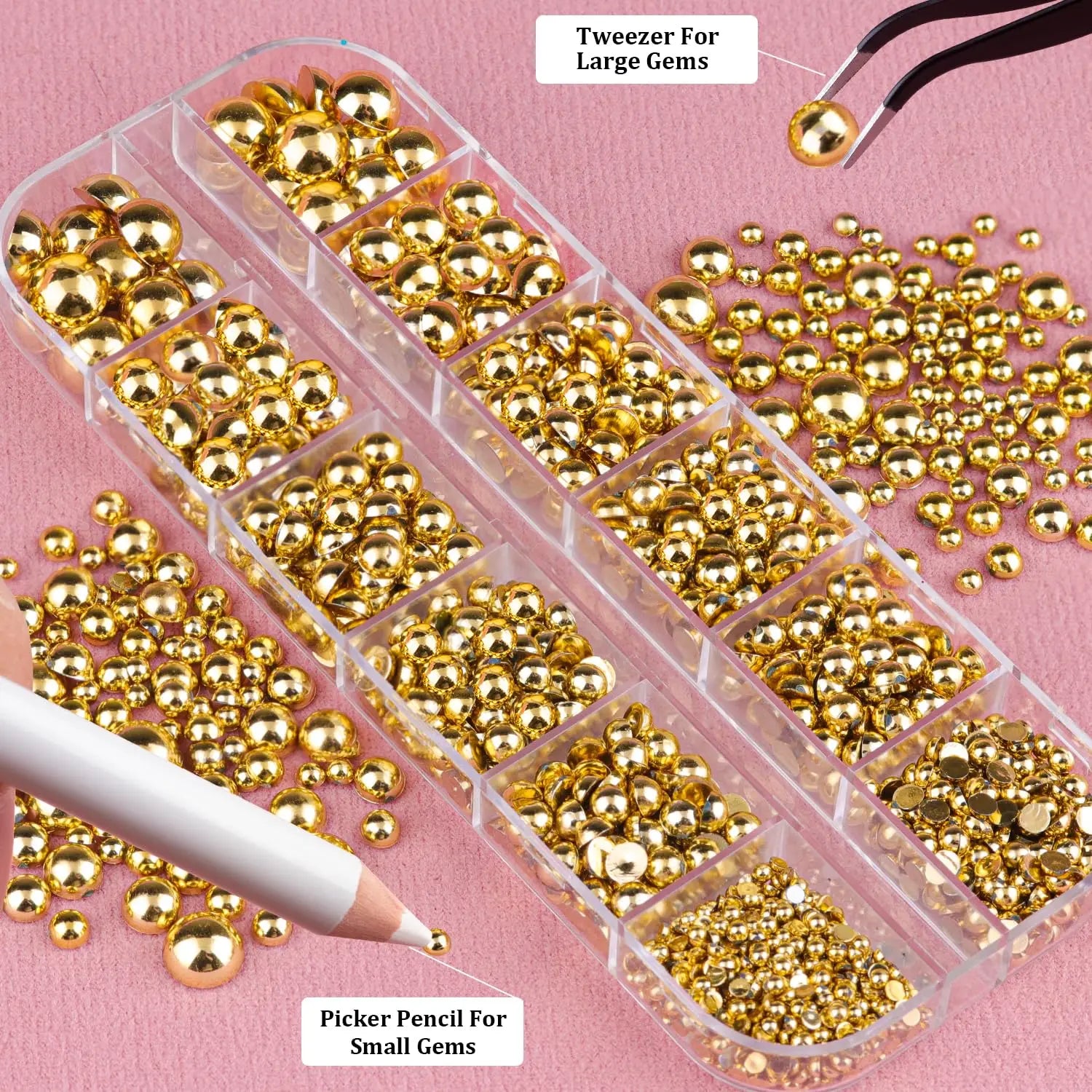 HotPress Gold Half Round Pearl Nail Accessories – 6-Size Metal Caviar Bead Set