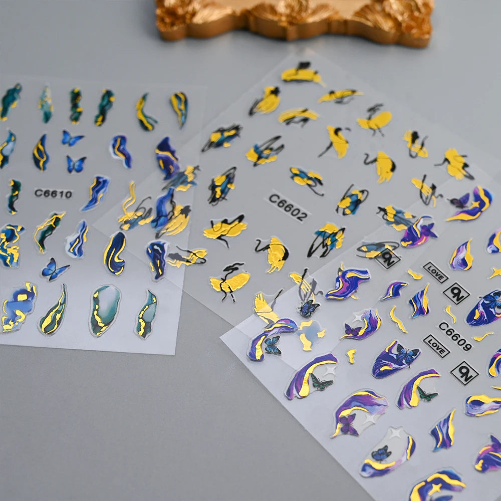 MingLee Golden Blue Marble Nail Stickers – Ocean Wave & Smoke Ink Decals, 12 Sheets