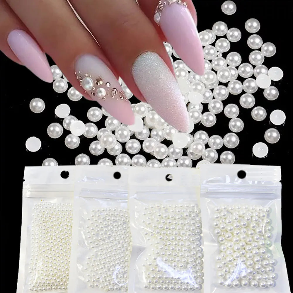MingLee Half Round Pearl Nail Rhinestones – White & Beige Caviar Nail Decor
