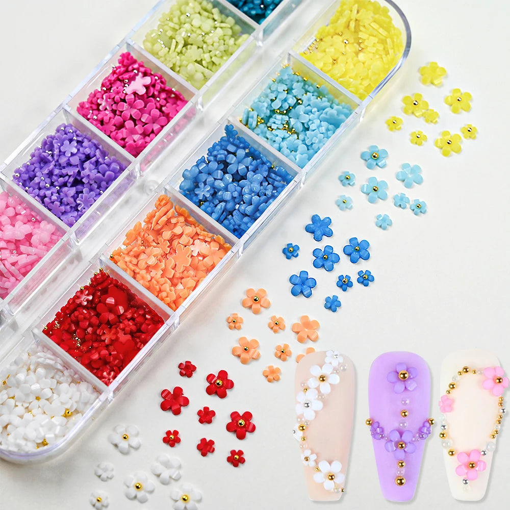 MingLee 3D Pastel Acrylic Flower Nail Charms – Gold & Silver Caviar Bead Set