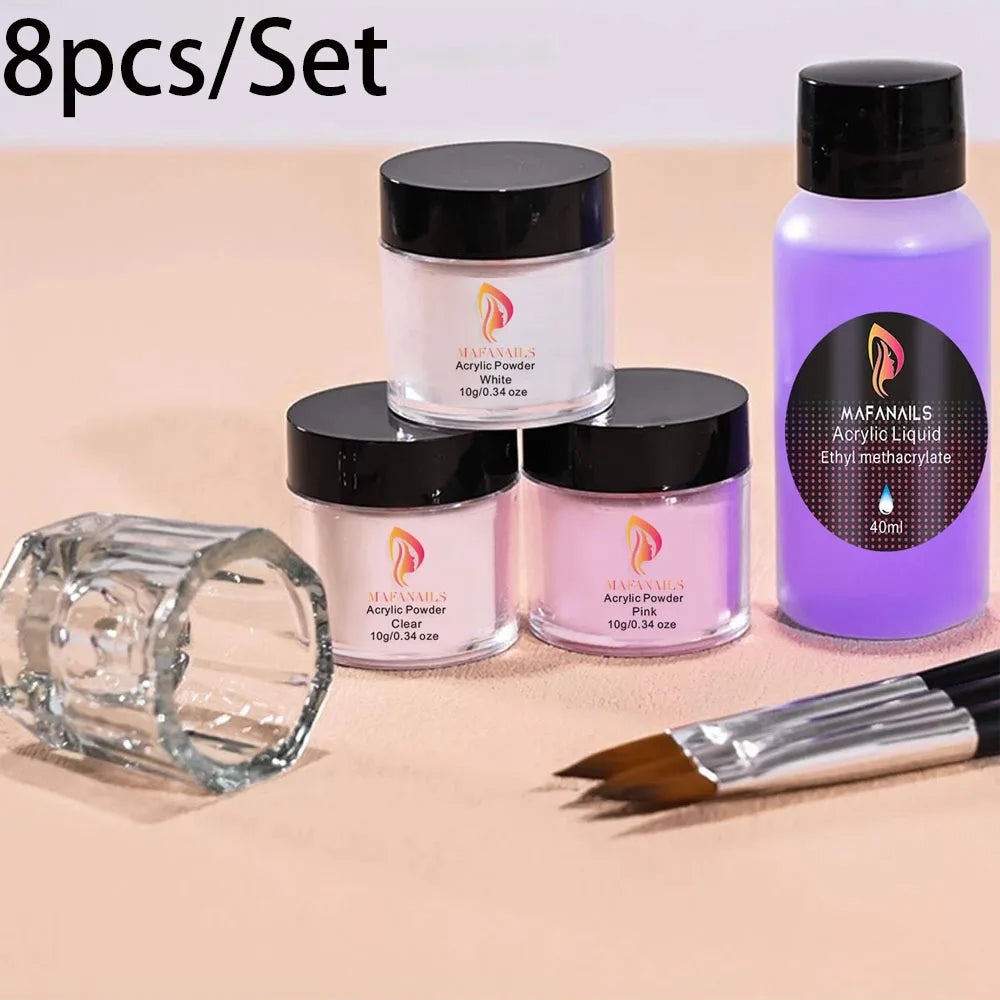 MAFANAILS Crystal Monomer Liquid & Brush Kit – Acrylic Powder & Nail Cup Set, 8pcs