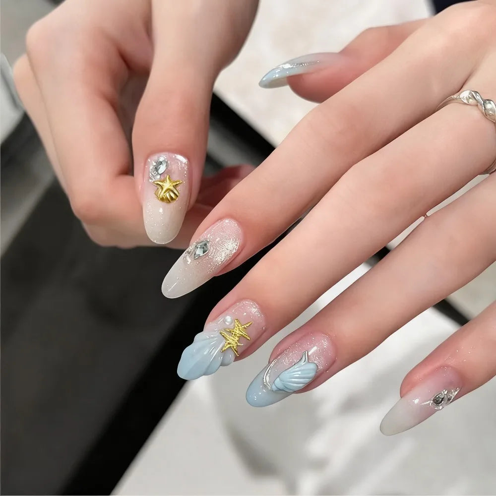 Ocean-Themed Nail Charms – 3D Metal Starfish & Seashell Rhinestones