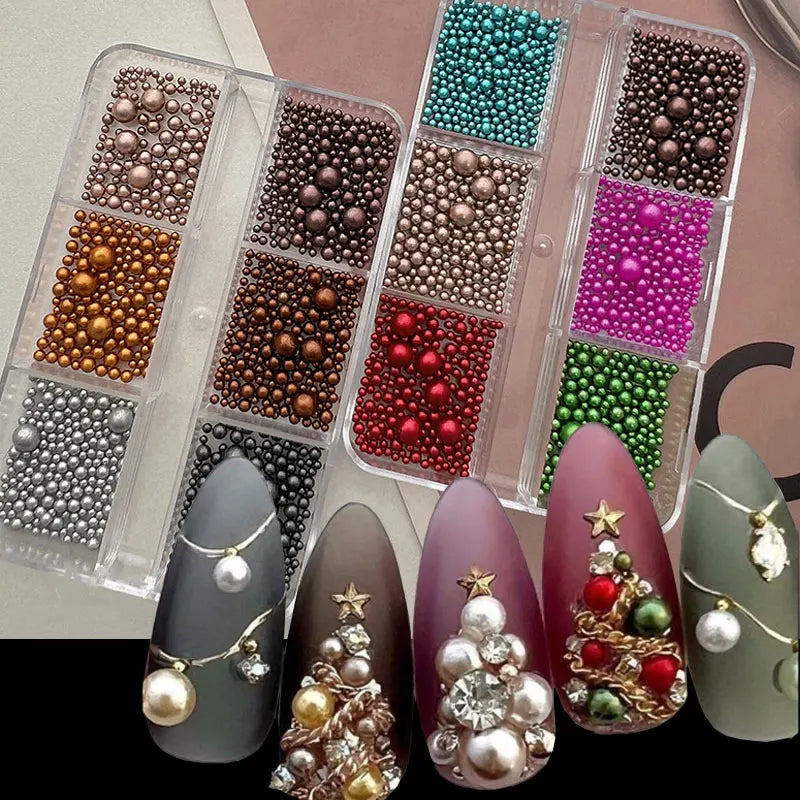 3D Christmas Nail Caviar Beads – Gold, Silver, Red & Green Resin Pearls